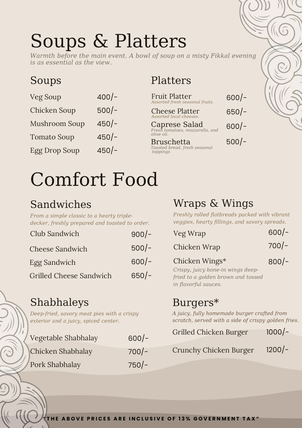 Sunshine Villa menu, page 5: Soups & platters