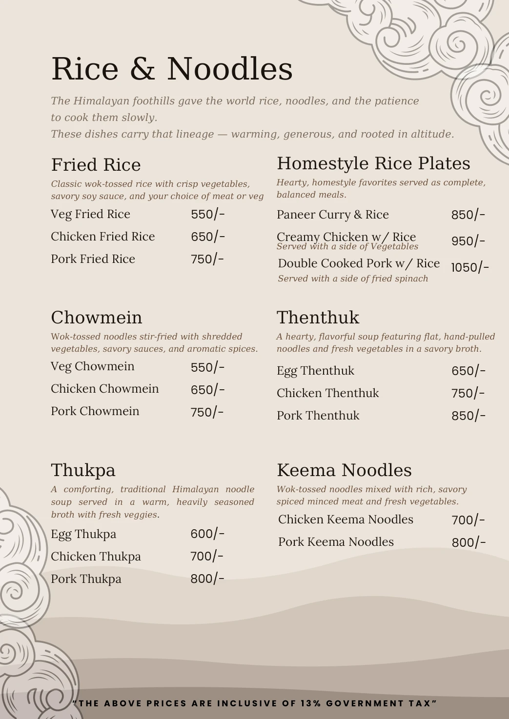 Sunshine Villa menu, page 7: Rice & noodles