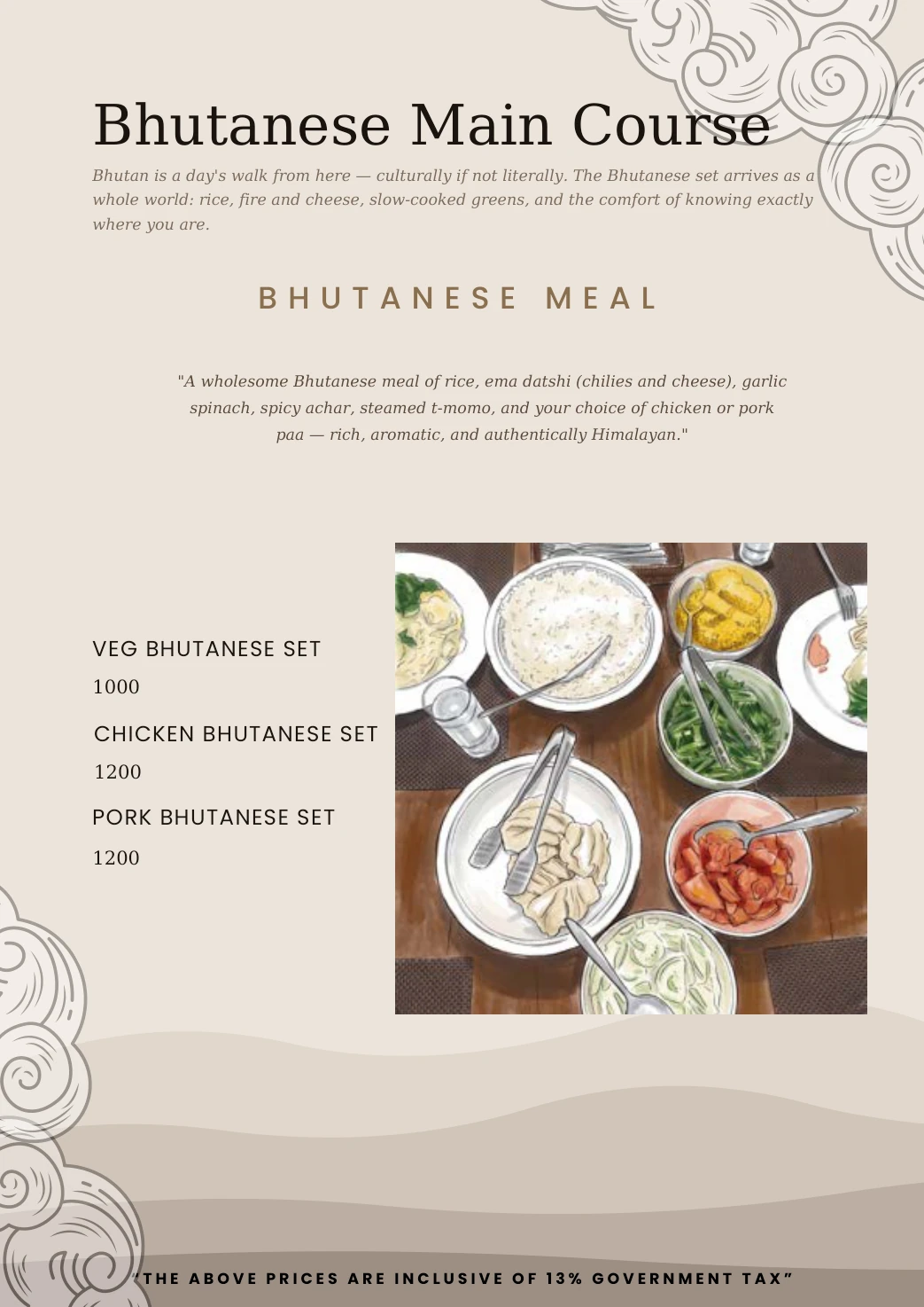 Sunshine Villa menu, page 11: Bhutanese main course