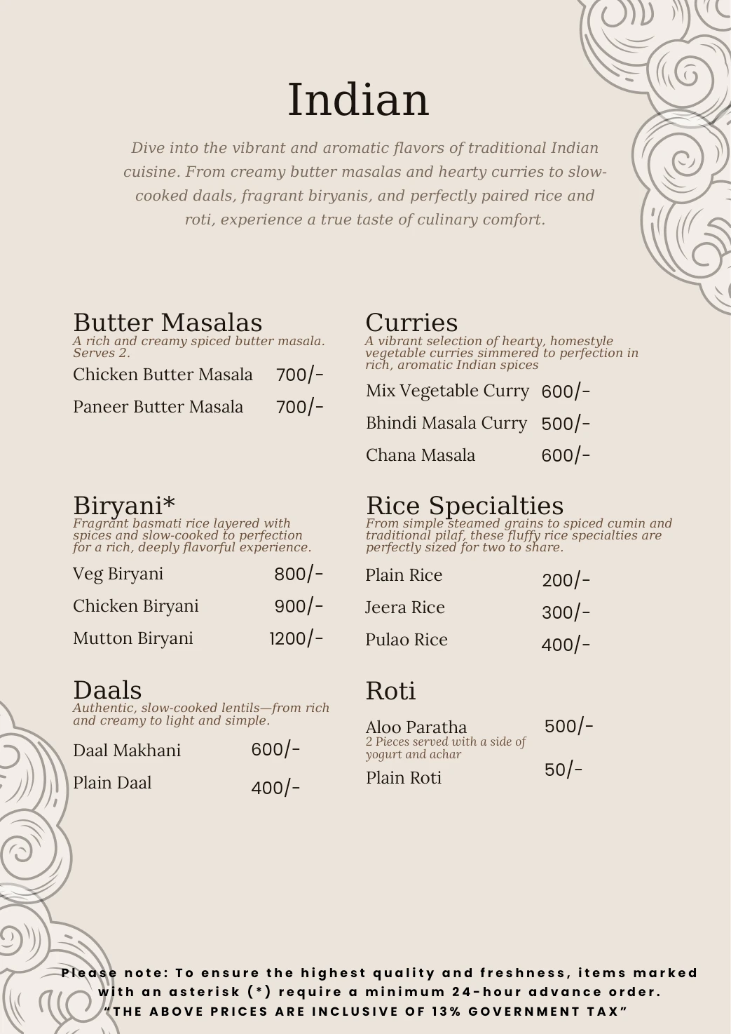 Sunshine Villa menu, page 12: Indian