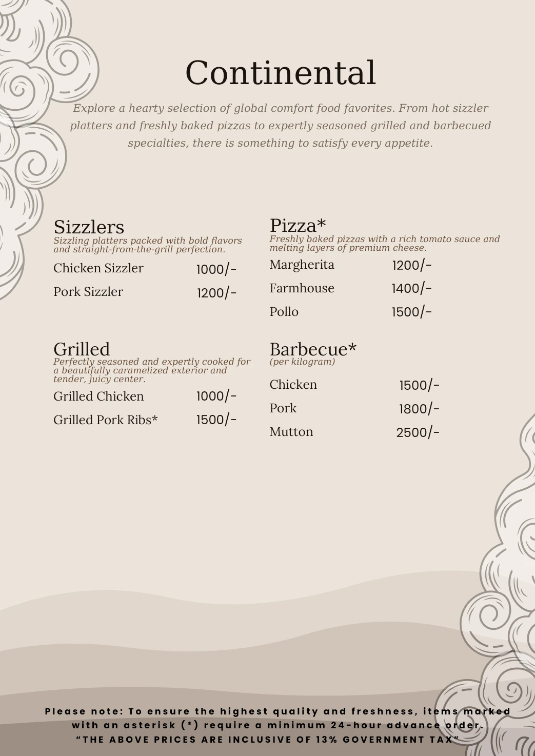 Sunshine Villa menu, page 13: Continental