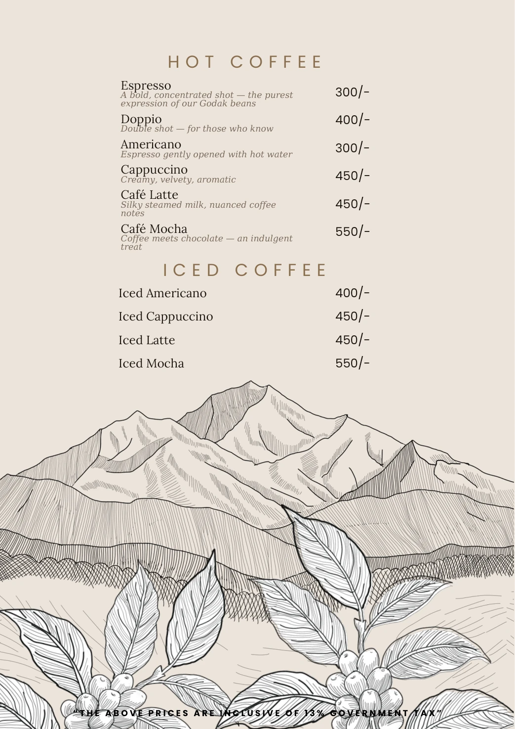 Sunshine Villa menu, page 15: Hot coffee