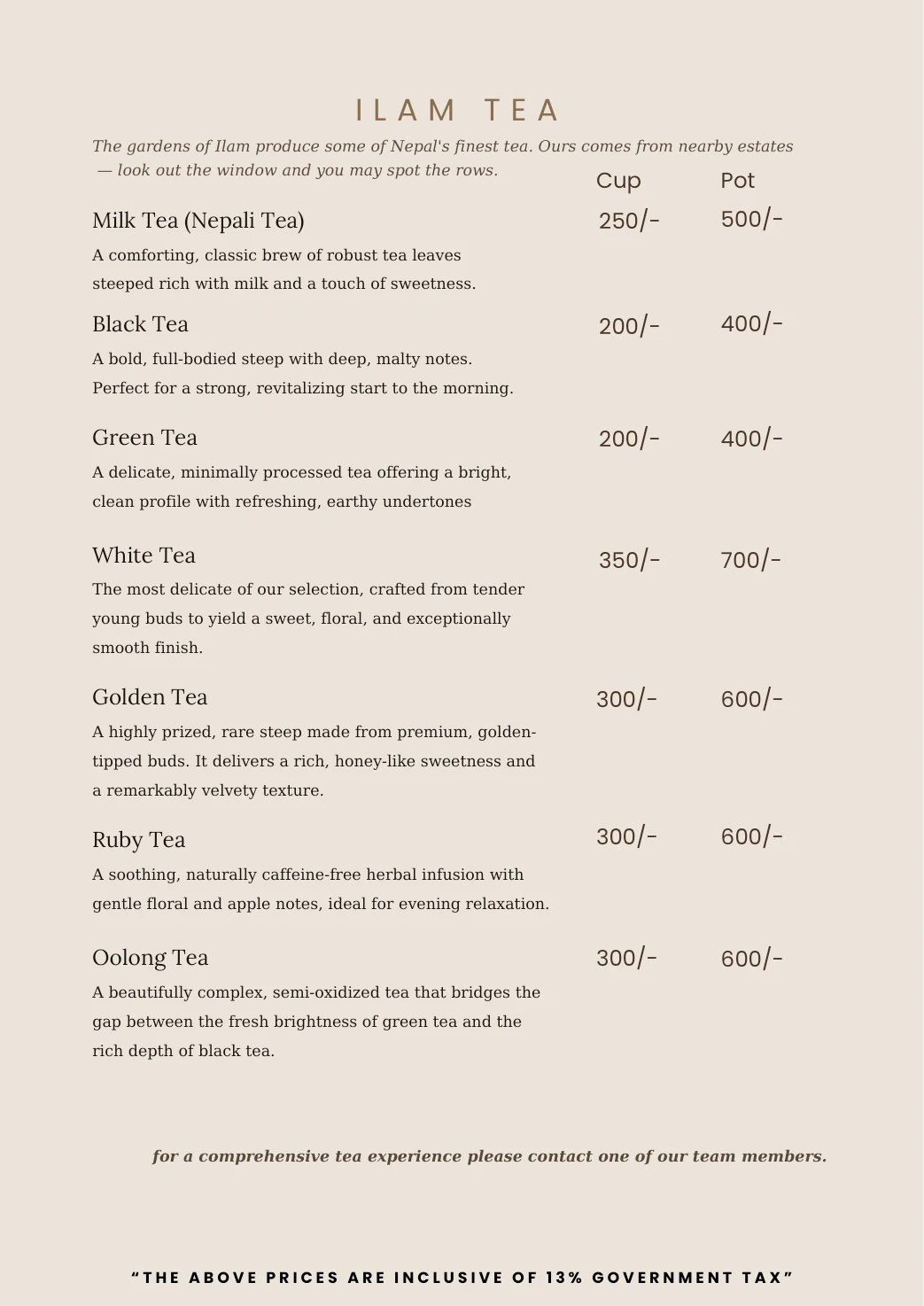 Sunshine Villa menu, page 17: Ilam tea